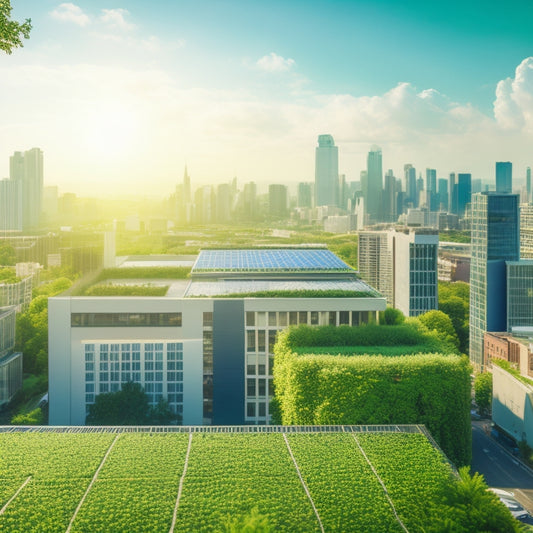 An aerial view of a cityscape with several buildings featuring lush green roofs, covered in a mix of verdant vegetation and solar panels, surrounded by a bright blue sky with fluffy white clouds.