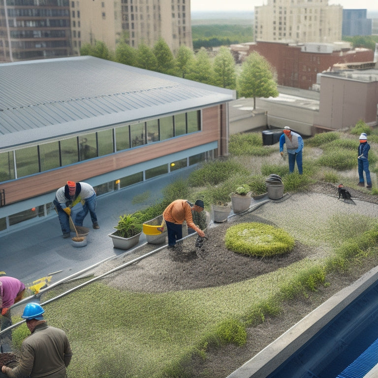 An illustration of a green roof construction site with a crane lifting potted plants, workers laying down layers of waterproofing and drainage materials, and a architect observing from a distance.
