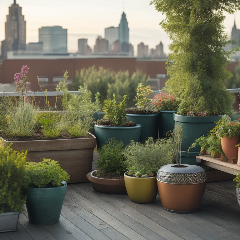 A serene rooftop garden with a mix of wooden planters, galvanized metal tubs, and colorful ceramic pots, overflowing with lush greenery, surrounded by a wooden trellis and a cityscape in the background.