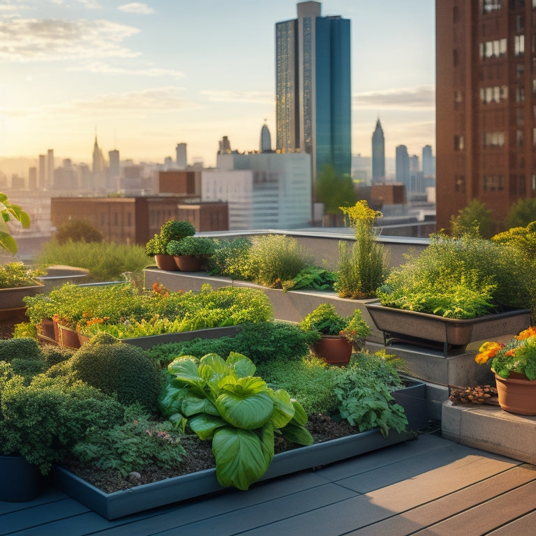 A serene rooftop scene with lush green vegetables and herbs thriving in a well-maintained garden bed, surrounded by a modern cityscape, with a few potted plants and a trellis in the background.