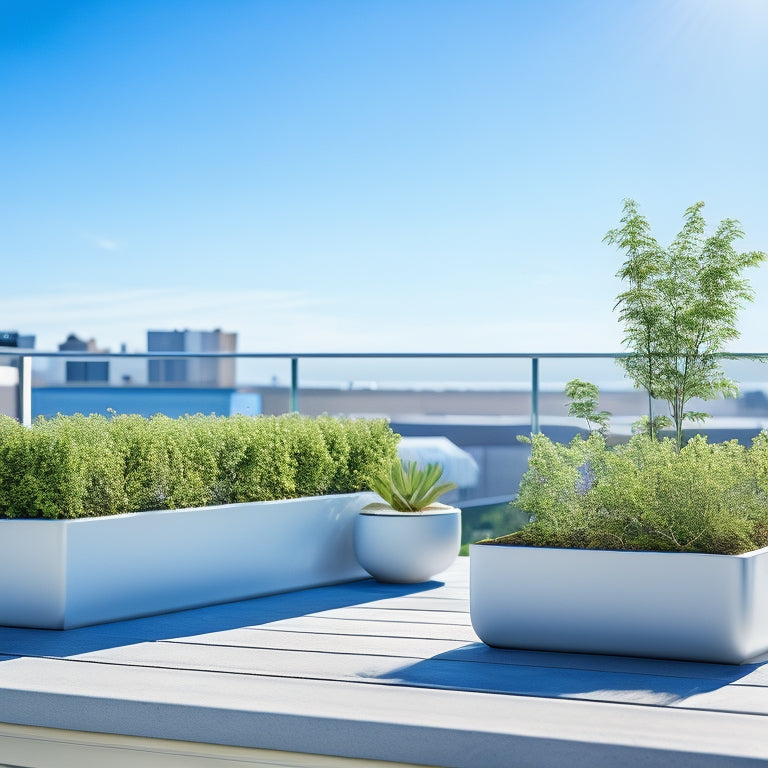 A serene rooftop garden with a small, rectangular planter filled with lush greenery, surrounded by a low, white railing, against a bright blue sky with a few puffy white clouds.