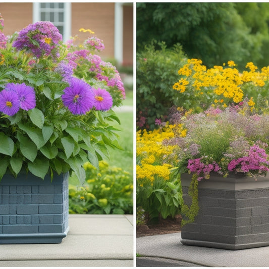 A before-and-after split-screen image: a stack of dull gray cinder blocks on the left, and on the right, a beautifully painted and decorated planter overflowing with vibrant flowers and lush greenery.