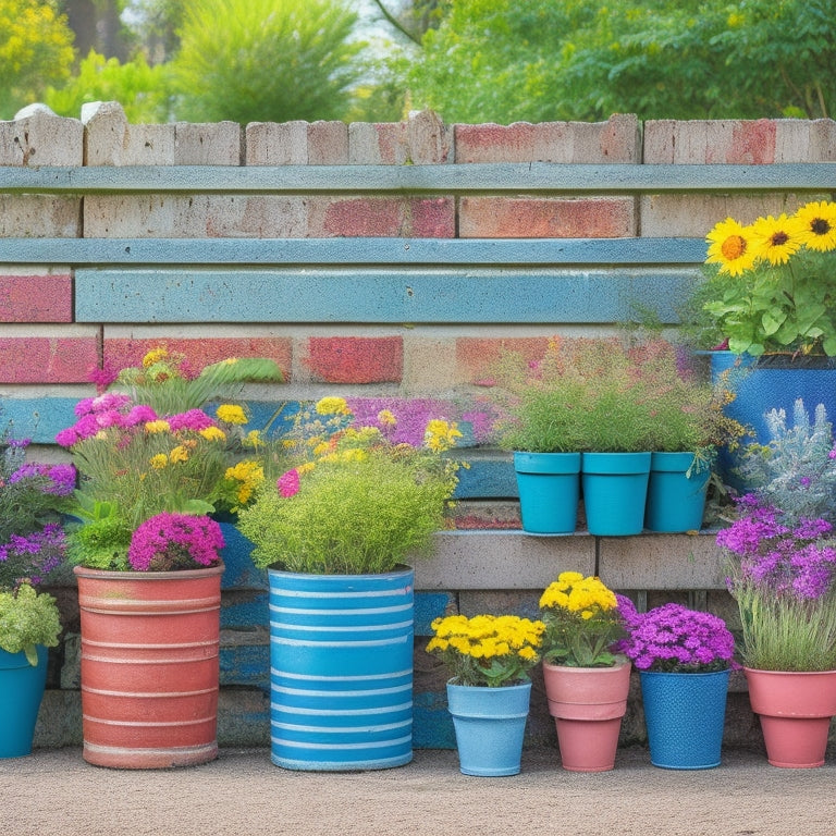 A colorful and eclectic outdoor space featuring repurposed cinder blocks transformed into planters, overflowing with vibrant flowers, lush greenery, and whimsical decorative elements, set against a distressed wooden fence backdrop.