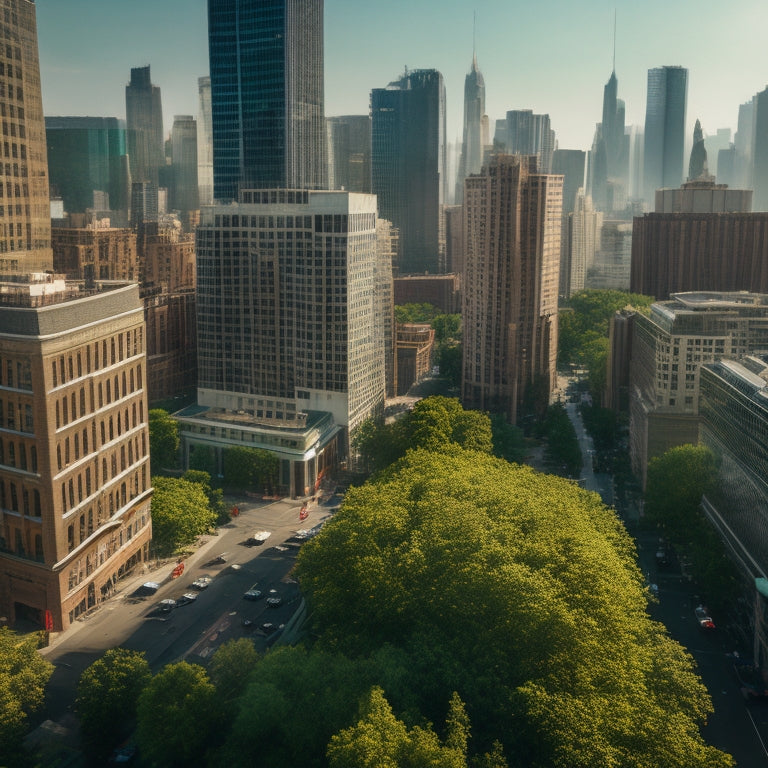 Aerial view of a bustling metropolis with lush green rooftops, vines spilling over buildings, and a mix of modern skyscrapers and historic architecture amidst a clear blue sky.
