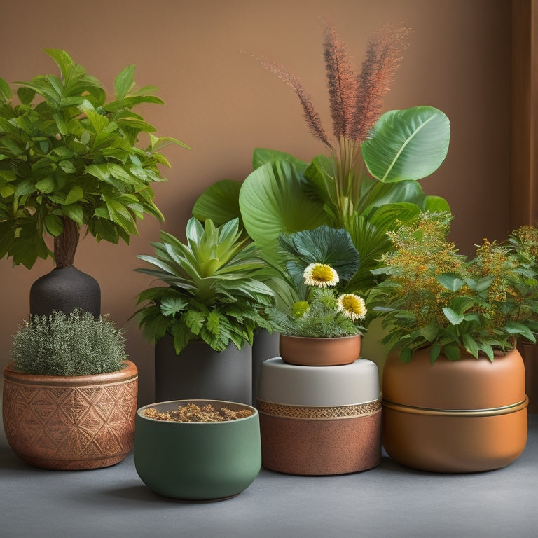 A stylized arrangement of 5-7 planters made from different materials (e.g., terracotta, metal, wood, ceramic, concrete) of varying shapes and sizes, adorned with lush greenery and flowers, set against a neutral background.