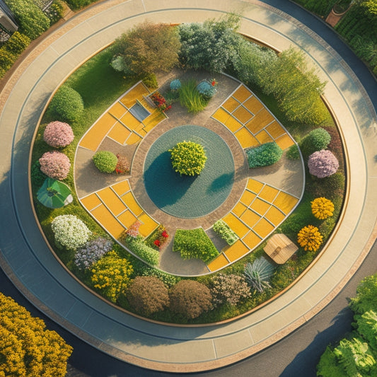 An aerial illustration of a rooftop garden with four quadrants, each featuring a different crop rotation layout, including a spiral pattern, a keyhole bed, a triangular layout, and a rectangular grid.