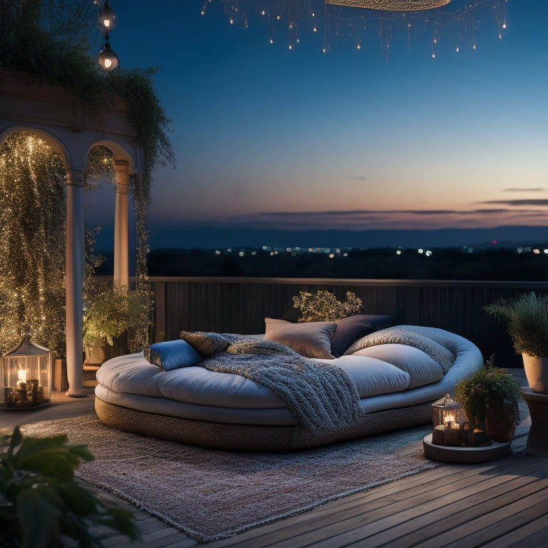 A serene rooftop scene at dusk, featuring a compact, plush daybed with a curved wooden frame, surrounded by lush greenery and soft string lights, under a starry night sky.