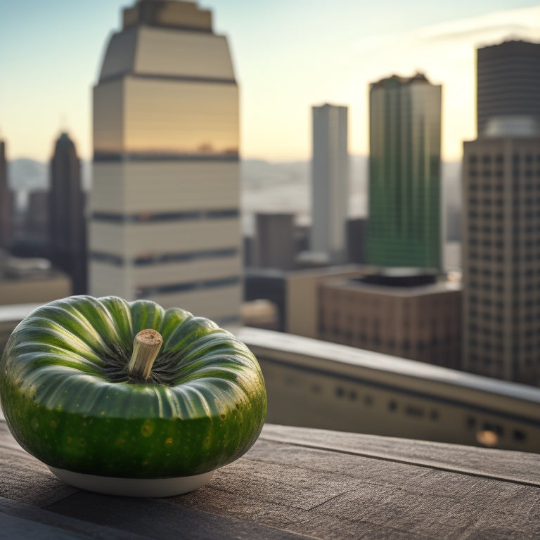 A close-up of a lush, emerald-green cucumber vine sprawling across a compact, weathered-wood rooftop planter, surrounded by sleek city skyscrapers in the background.