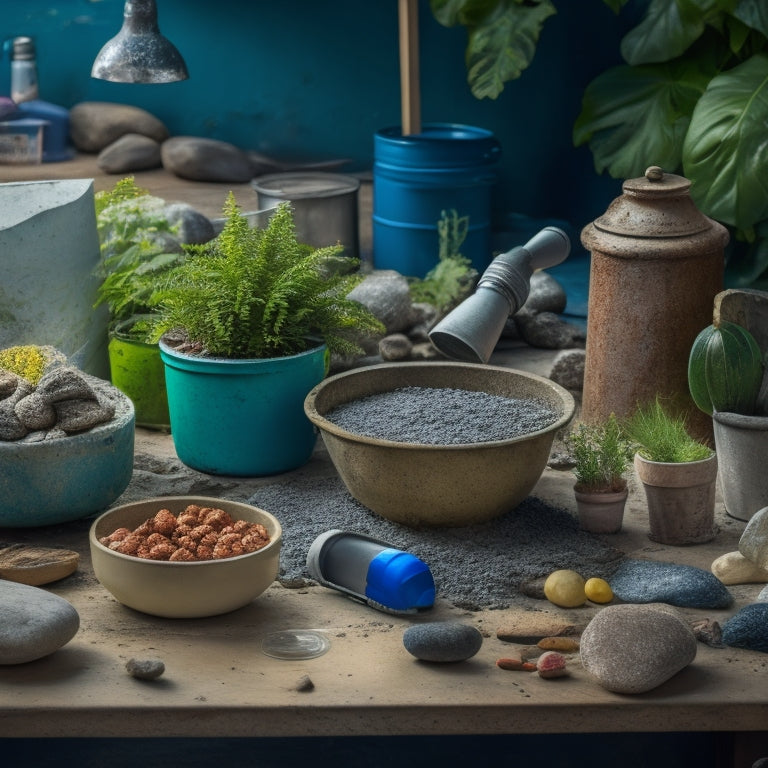 A messy workshop table cluttered with concrete mix, water, a mixing bucket, trowel, gloves, and a planter mold, surrounded by scattered decorative rocks and fresh greenery.