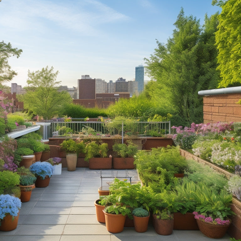 A lush rooftop garden with vibrant greenery and colorful blooms, featuring various planters with built-in irrigation systems, misting devices, and trellises, set against a bright blue sky with fluffy white clouds.