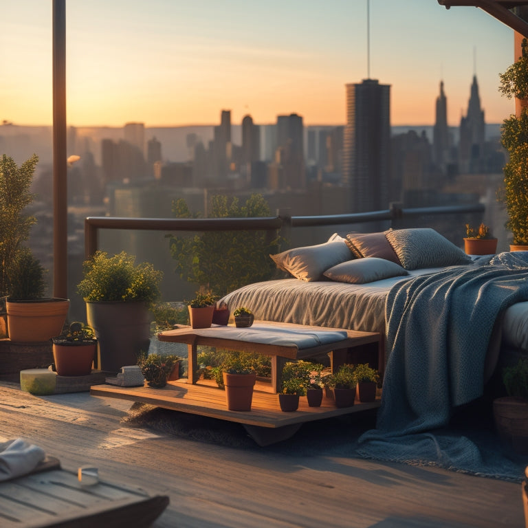 A serene rooftop bed scene at sunset, with a partially built wooden frame, scattered tools, and a few potted plants, set against a backdrop of a cityscape with blurred skyscrapers.