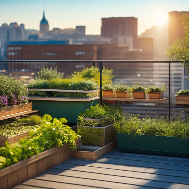A serene rooftop setting with a lush, verdant herb garden, featuring a mix of rectangular planters, hanging baskets, and tiered wooden crates, surrounded by sleek metal railings and a cityscape backdrop.