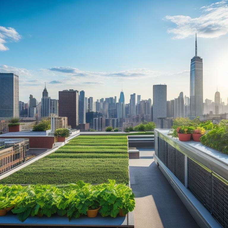 A serene urban rooftop scene with lush greenery and vibrant produce thriving in hydroponic systems, surrounded by sleek city skyscrapers and a clear blue sky with a few wispy clouds.