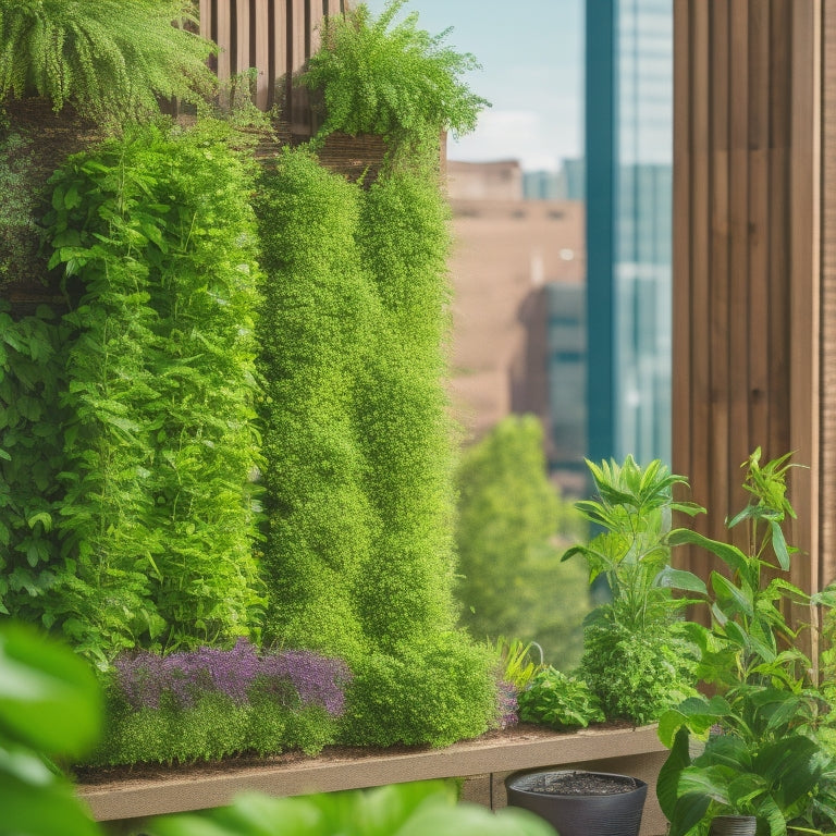 A vibrant, thriving DIY vertical garden with lush green plants cascading down a wooden trellis, surrounded by a clean, weed-free backdrop, with a subtle urban cityscape in the background.