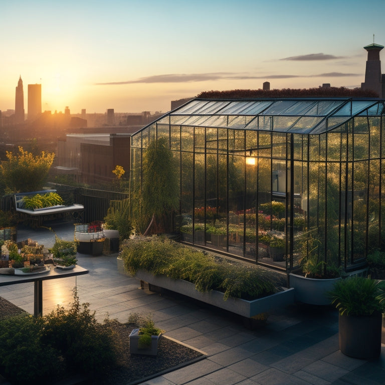 A serene, lush rooftop garden at sunset, with a geometric glass greenhouse, overflowing planters, and a trellis-covered seating area, surrounded by a bustling cityscape in the background.