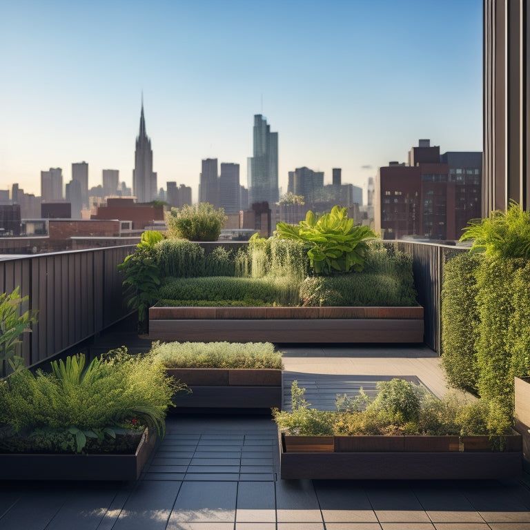 A serene rooftop garden in a compact urban setting, with lush greenery spilling from wooden planters and vertical trellises, surrounded by sleek cityscape and a few puffy white clouds.