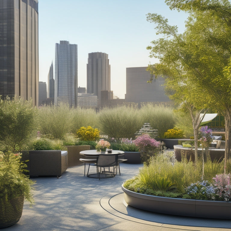 A serene rooftop garden with a small, curved seating area, surrounded by lush greenery, vibrant flowers, and a few potted trees, set against a warm, sunny cityscape backdrop with blurred skyscrapers.