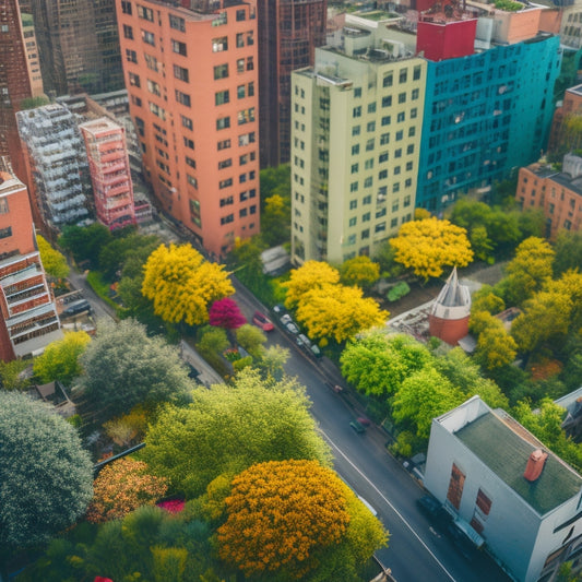 Aerial view of a densely populated cityscape with numerous apartment buildings, each featuring a lush, thriving rooftop garden overflowing with vibrant greenery and colorful blooms.