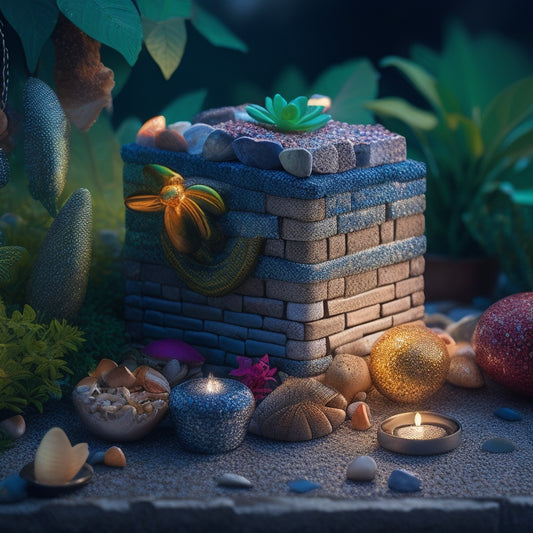 A stylized illustration of a cinder block planter, adorned with a vibrant mosaic of seashells, pebbles, and small tiles, surrounded by lush greenery and a few strategically placed fairy lights.