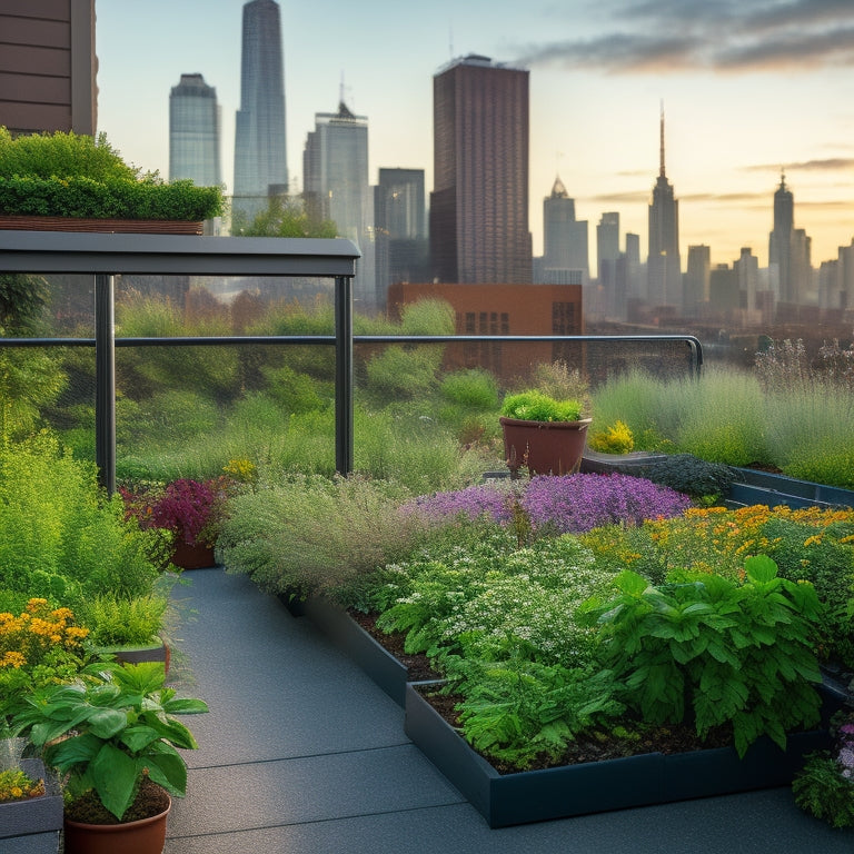 A serene urban rooftop scene with a thriving raised bed garden, overflowing with lush greenery and vibrant flowers, surrounded by sleek cityscape views and a few strategically placed gardening tools.