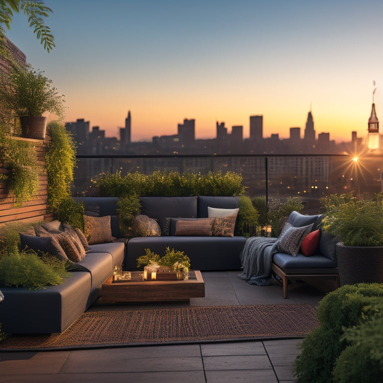 A serene rooftop scene with lush greenery, reclaimed wood planters, and a living wall, set against a backdrop of a bustling cityscape at sunset, with warm string lights and modern outdoor seating.