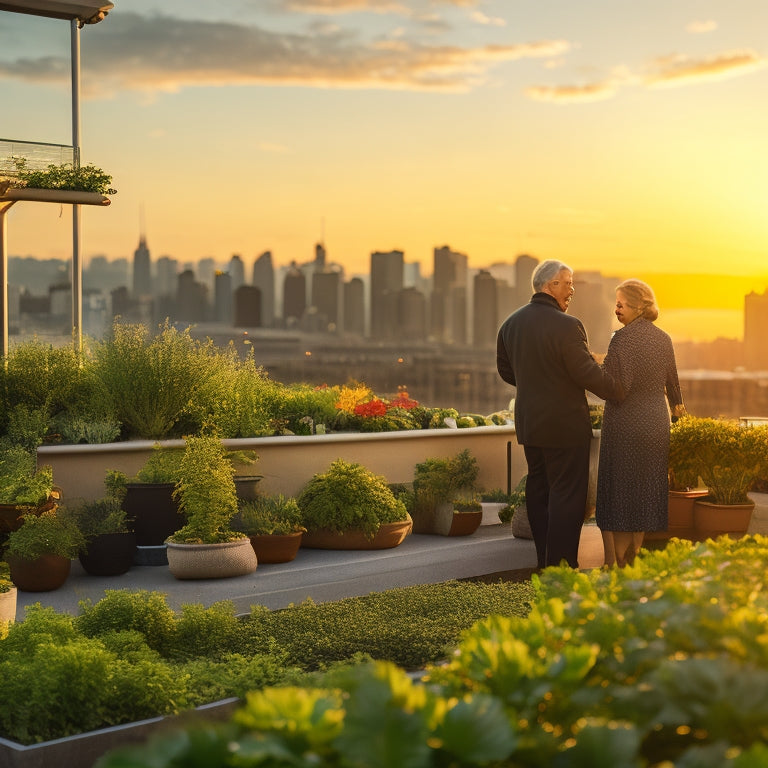 A serene rooftop garden scene at sunset, with senior citizens tending to lush, thriving hydroponic plants, surrounded by modern urban architecture and a cityscape in the background.