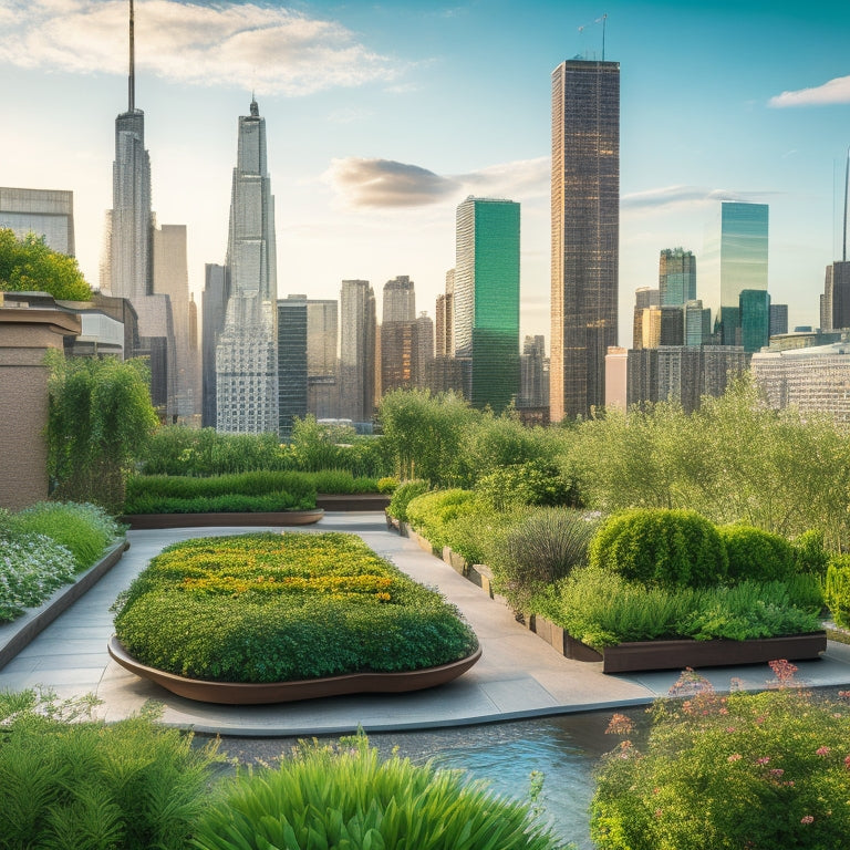 A serene rooftop garden with lush greenery, vibrant flowers, and a tranquil water feature, surrounded by a bustling cityscape with sleek skyscrapers and busy streets in the background.