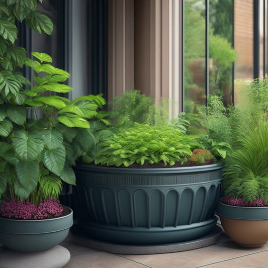 An illustration of a balcony planter overflowing with lush greenery, with water pooling around the base, alongside a smaller inset of a planter with a built-in drainage system and water flowing freely out of it.