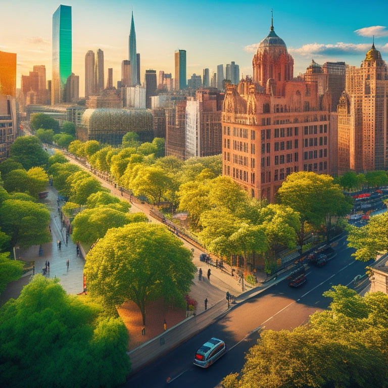 A vibrant cityscape with lush green rooftops, bustling streets, and a mix of modern and historic buildings, showcasing a thriving economy and ecological harmony.