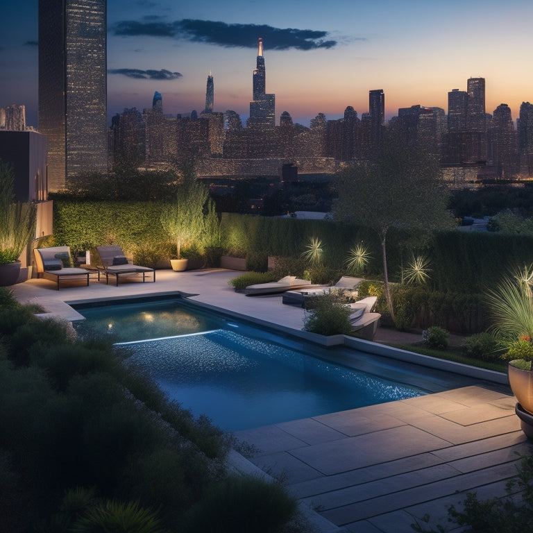 A serene rooftop oasis at dusk, with a large, infinity-edged pool blending into the city skyline, surrounded by lush greenery, lantern-lit pathways, and subtle, ambient lighting.