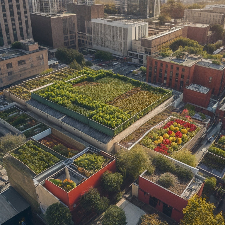 A vibrant, aerial view of a bustling city rooftop, showcasing a lush, thriving farm with rows of leafy greens, ripening tomatoes, and bursting flowers, surrounded by sleek, modern architecture.