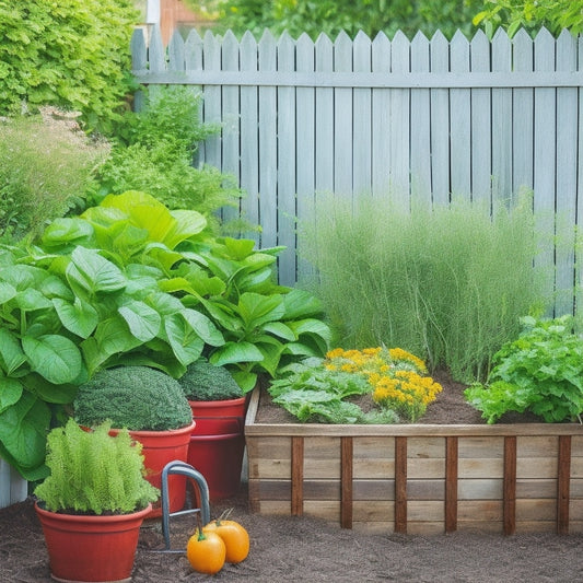 A vibrant, triangular garden bed with tiered wooden planters, overflowing with lush green vegetables and herbs, surrounded by a white picket fence and a small, rusty water can in the corner.