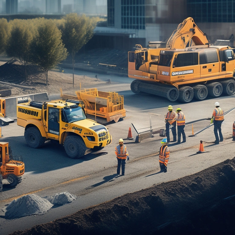 An illustration of a construction site with multiple planters, each showcasing different safety features: crash barriers, warning lights, reflective tape, and spill containment systems, amidst a backdrop of excavators and workers in high-visibility vests.