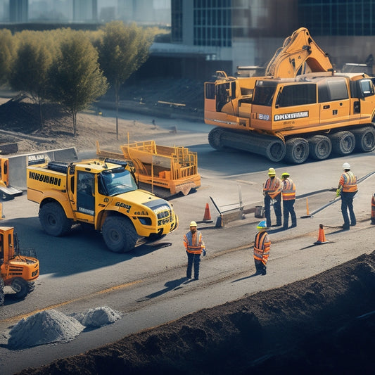 An illustration of a construction site with multiple planters, each showcasing different safety features: crash barriers, warning lights, reflective tape, and spill containment systems, amidst a backdrop of excavators and workers in high-visibility vests.
