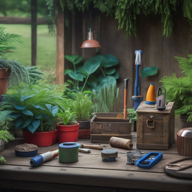 A tidy, well-lit workshop with a wooden planter box in the foreground, surrounded by essential DIY tools like a cordless drill, measuring tape, and gardening gloves, amidst a backdrop of lush greenery.