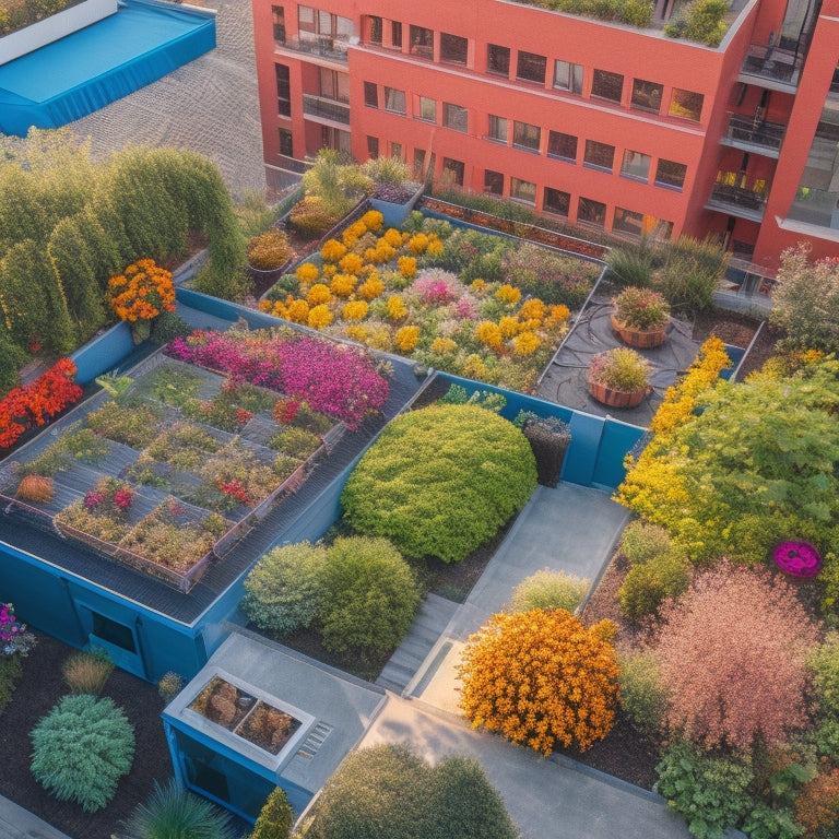 An aerial view of a lush rooftop garden with elevated beds, showcasing a network of thin, black irrigation pipes and small, round sprinkler heads amidst a vibrant tapestry of greenery and colorful flowers.