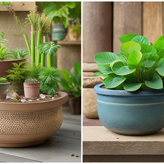 A split-screen image featuring a sturdy, wooden DIY planter overflowing with lush greenery on one side, and a flimsy, ceramic planter with a few wilting plants on the other, surrounded by scattered potting soil and broken pottery shards.