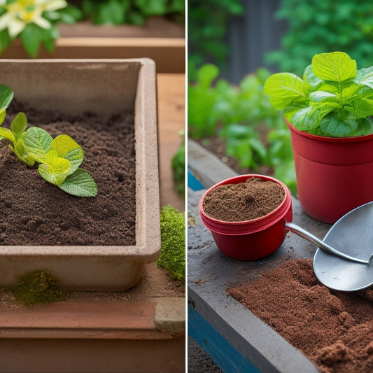 A split-screen image featuring a DIY planter box with thriving greenery on the left, and a layered soil mix with visible perlite, vermiculite, and compost on the right, with a small trowel and gloves nearby.