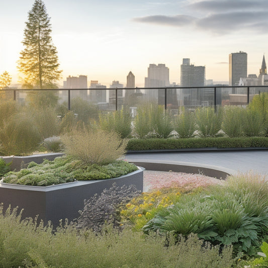 A serene rooftop garden with lush greenery, vibrant flowers, and a subtle mist of water, showcasing a sleek, silver, and curved irrigation system that blends seamlessly into the urban landscape.