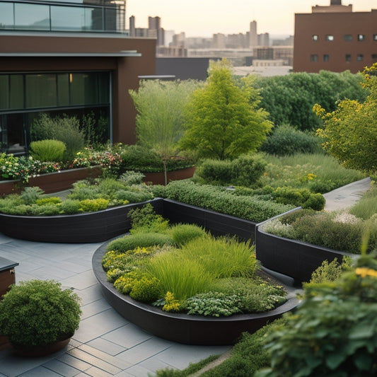 A serene rooftop garden with lush greenery, winding stone pathways, and a sleek, modern irrigation system featuring a rainwater harvesting tank and drip irrigation pipes.