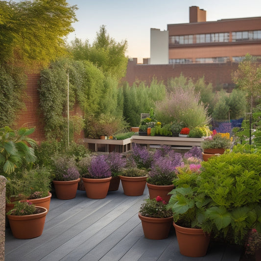 A serene rooftop garden scene with lush greenery, vibrant vegetables, and colorful flowers, featuring a mix of rectangular planters, rustic wooden benches, and a trellis with climbing vines.