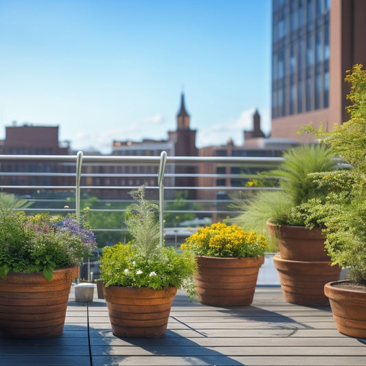 A serene rooftop garden scene with three wooden railing planters, each overflowing with lush greenery and colorful blooms, against a bright blue sky with a few puffy white clouds.