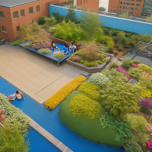 A colorful rooftop garden on a school building, with diverse plant species, a small pond, and a seating area, surrounded by students of different ages and abilities, engaged in hands-on learning activities.