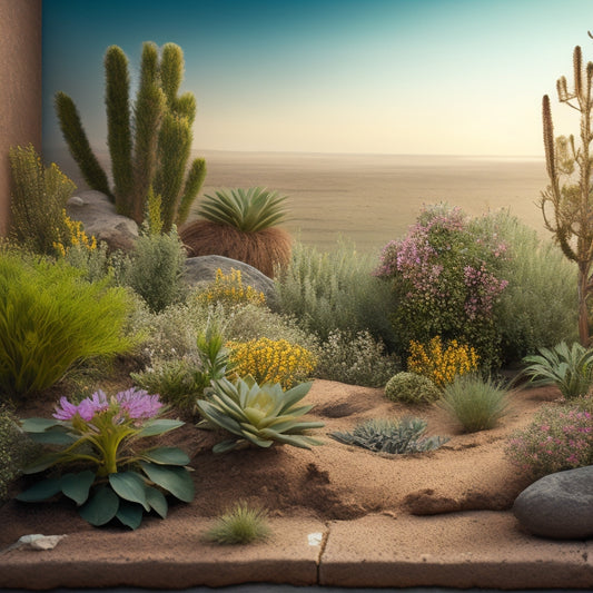 An illustration of a thriving vertical garden, with lush green plants and vibrant flowers, against a backdrop of a dry, cracked, and barren salty soil landscape.