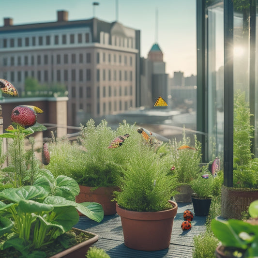A rooftop hydroponic garden with lush green plants and vibrant flowers, surrounded by a perimeter of copper tape and sticky traps, with a few ladybugs and lacewings flying nearby.