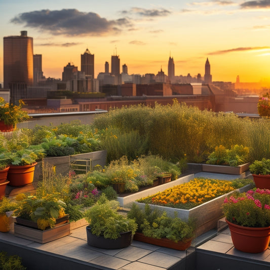 Illustrate a lush, verdant rooftop garden with a diverse array of plants, including marigolds, basil, and tomatoes, growing harmoniously together, surrounded by a cityscape at sunset.