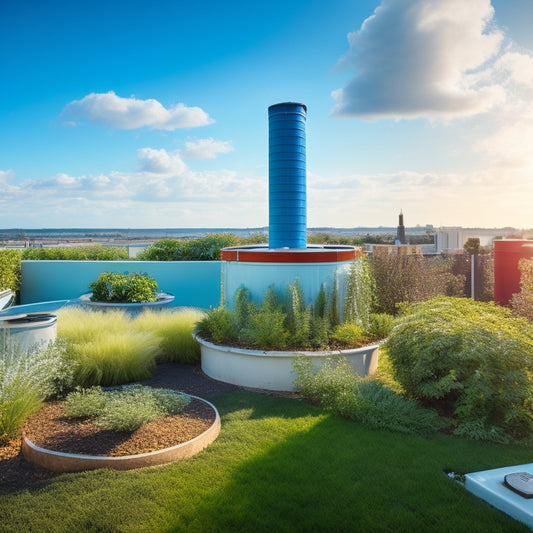 A serene rooftop garden with lush greenery, surrounded by sleek, modern rainwater harvesting systems, including a large cylindrical tank, pipes, and a rain chain, set against a bright blue sky with fluffy white clouds.