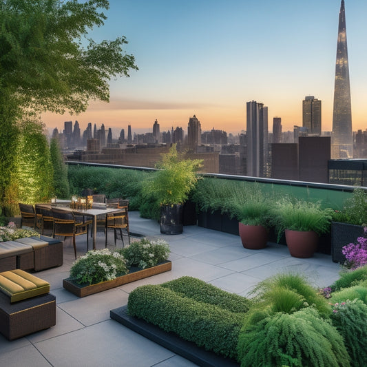 A serene rooftop garden with a lush green living wall, overflowing with vibrant flowers and foliage, surrounded by sleek modern furniture and a city skyline at dusk.