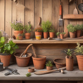 An arrangement of 5-7 various-sized planters, made from wooden planks, terracotta pots, and repurposed materials, surrounded by gardening tools like a hammer, drill, and trowel, on a rustic wooden workbench.