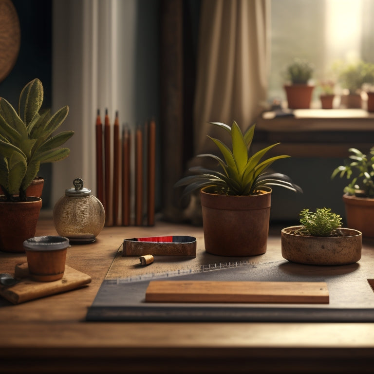 A serene, well-lit workspace with a wooden ruler, pencil, and measuring tape lying on a worn wooden table, surrounded by potted plants and tiered planters of varying sizes.